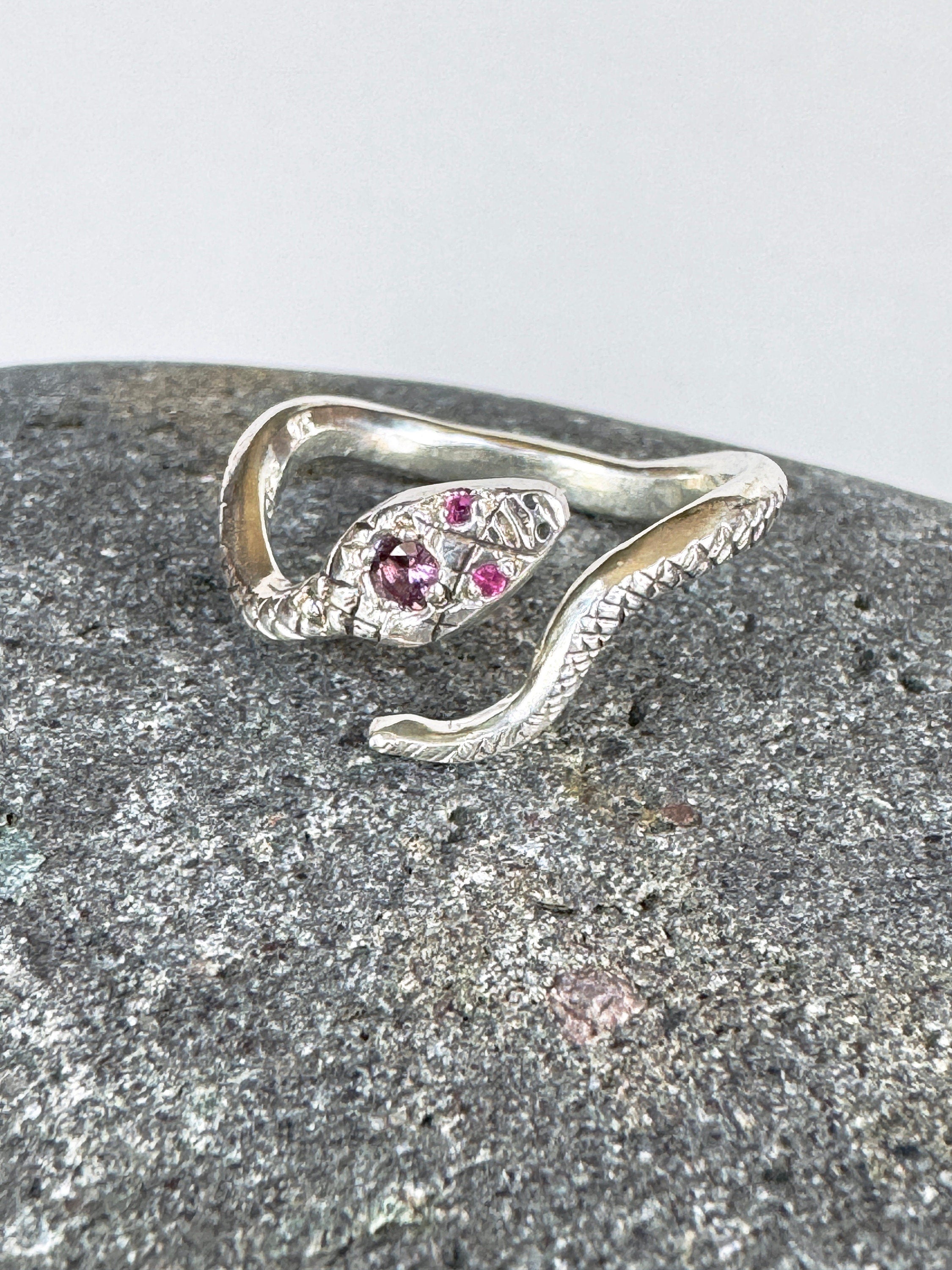 Snake Ring with Ruby Eyes and Spinel , serpent, sterling silver