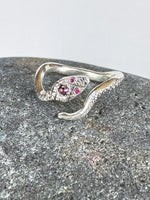 Load image into Gallery viewer, Snake Ring with Ruby Eyes and Spinel , serpent, sterling silver
