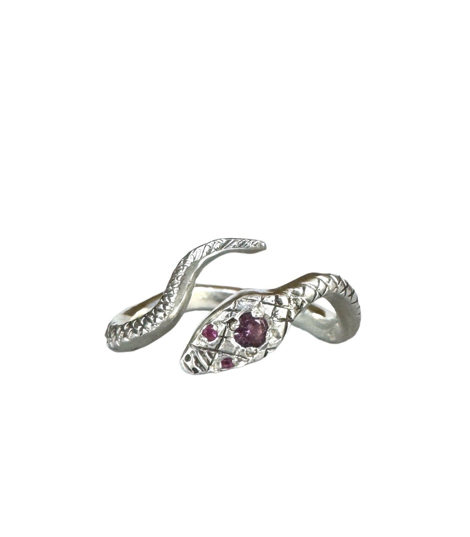 Snake ring in sterling silver with Ruby eyes and Spinel head gemstones.
