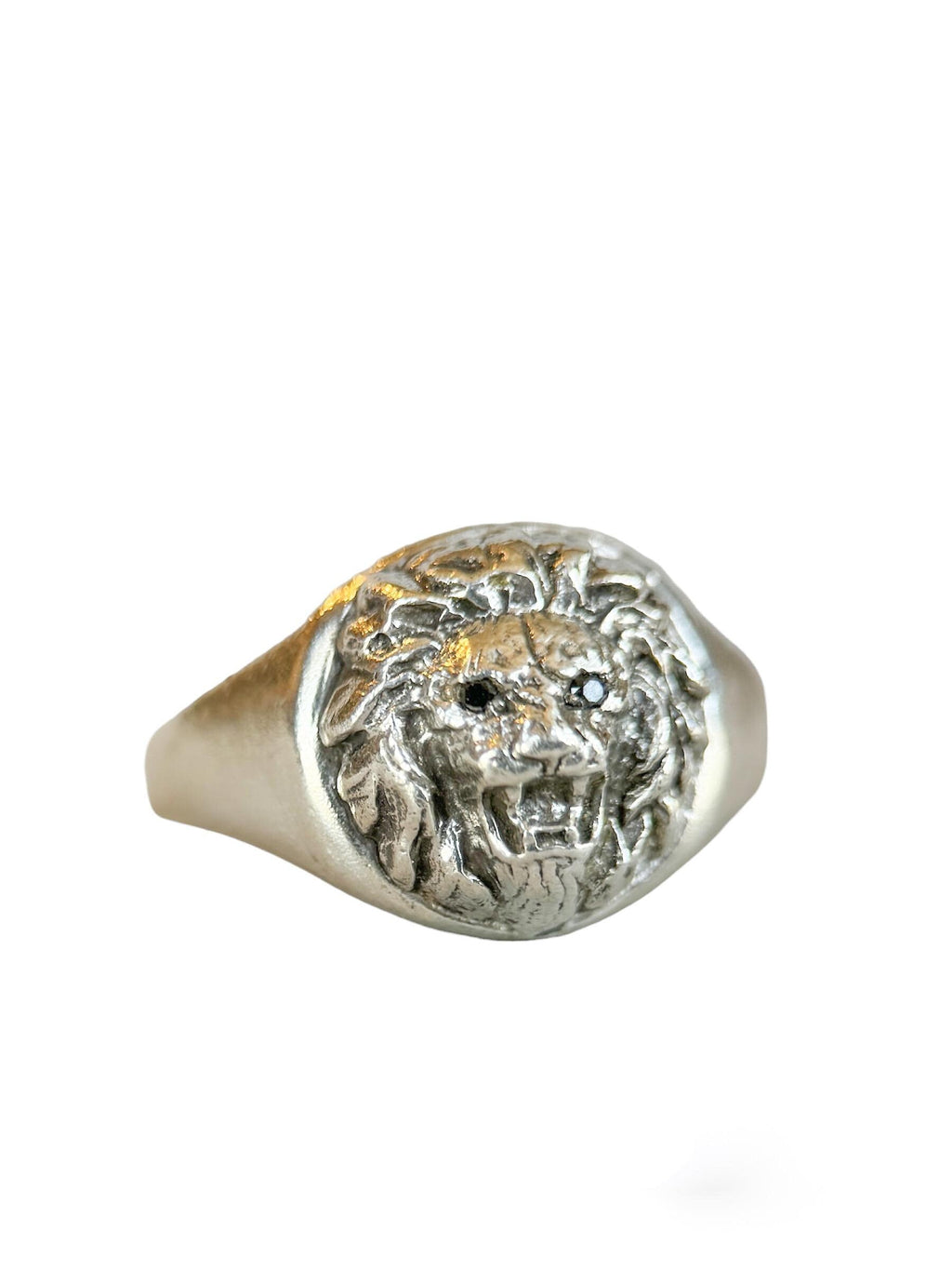 Lion Signet Ring with Black Diamond Eyes, sterling silver